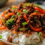 Delicious teriyaki beef stir-fry featuring ground beef and colorful vegetables.