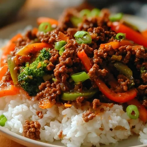 Delicious teriyaki beef stir-fry featuring ground beef and colorful vegetables.