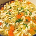 Bowl of vegan chicken noodle soup with vegetables and noodles