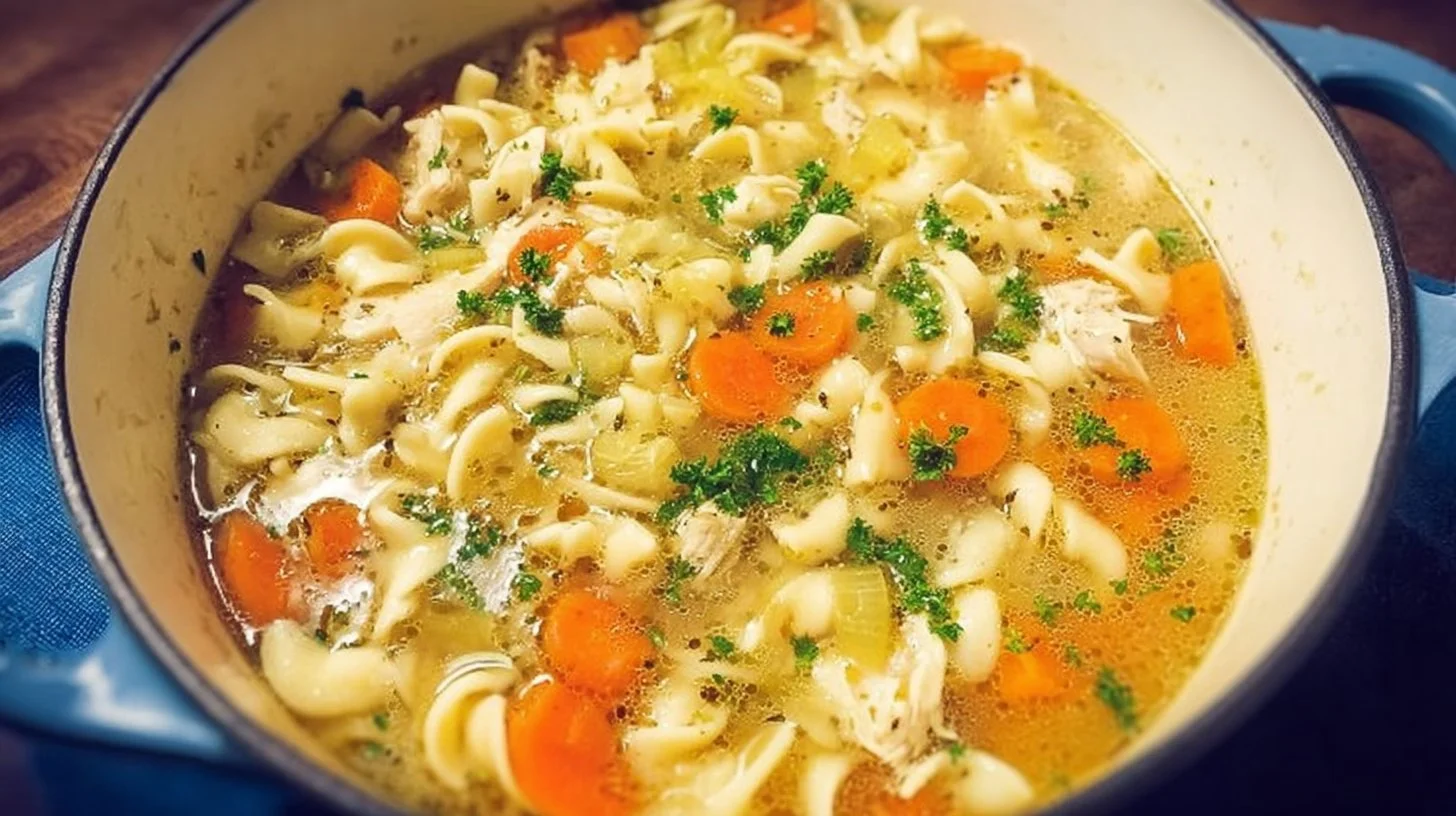 Bowl of vegan chicken noodle soup with vegetables and noodles