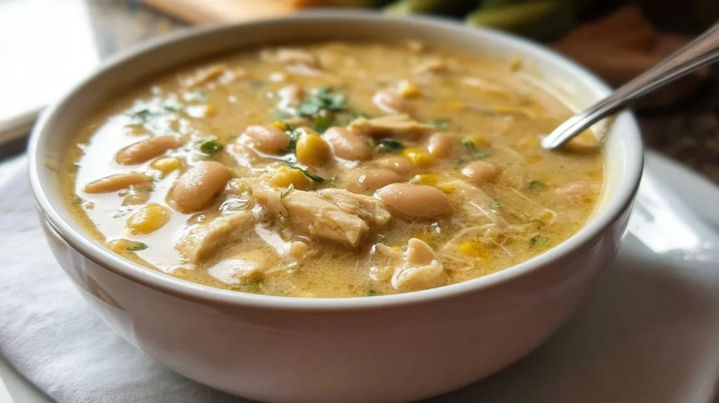 Delicious bowl of White Chicken Chili topped with fresh herbs and jalapeños.
