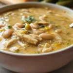 Delicious bowl of White Chicken Chili topped with fresh herbs and jalapeños.