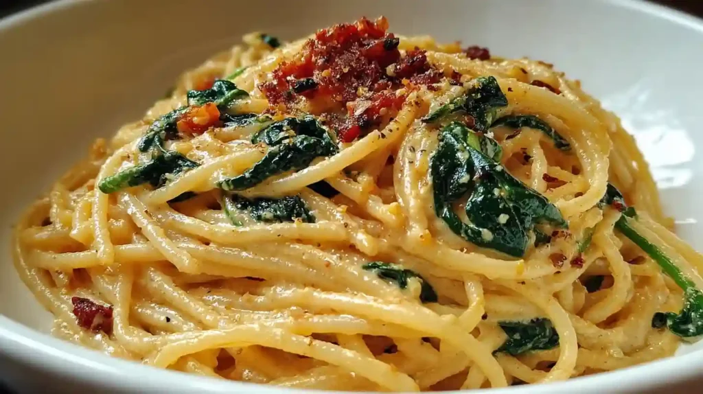 Spaghetti & Spinach with Sun-Dried Tomato Cream Sauce