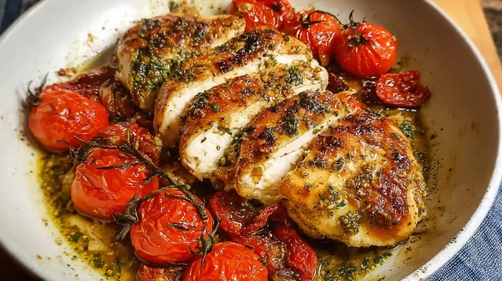 Creamy Pesto Chicken with Roasted Tomatoes