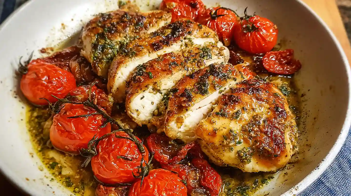Creamy Pesto Chicken with Roasted Tomatoes