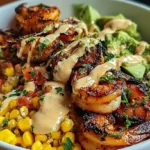 Grilled Shrimp Bowl with Avocado, Corn Salsa & Creamy Garlic Sauce