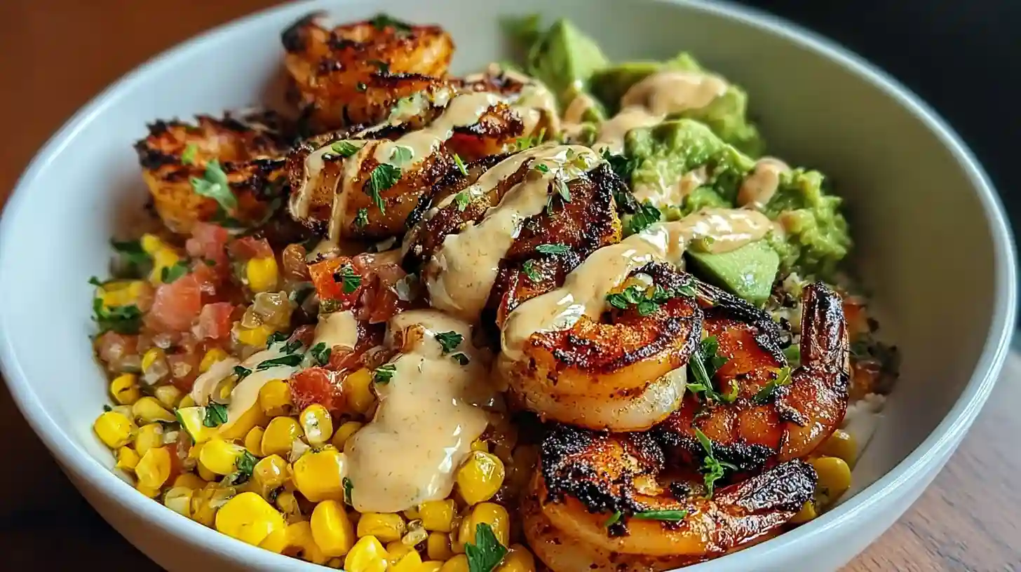 Grilled Shrimp Bowl with Avocado, Corn Salsa & Creamy Garlic Sauce