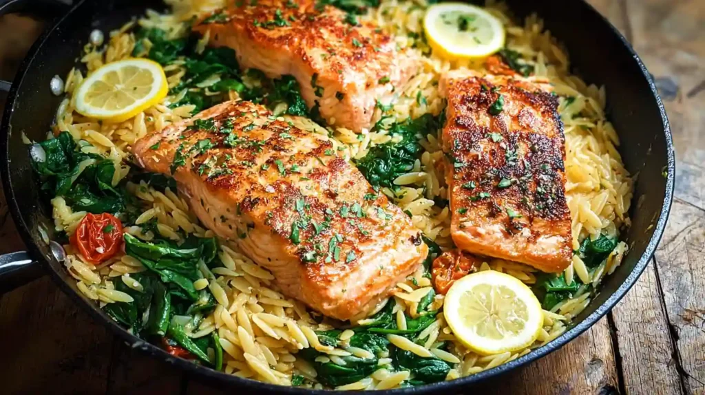 One Skillet Salmon with Lemon Orzo