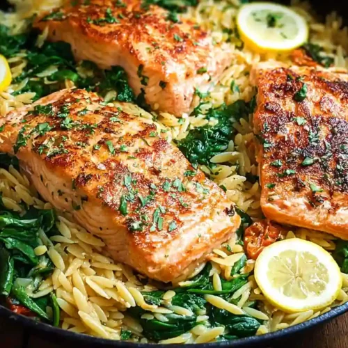 One Skillet Salmon with Lemon Orzo
