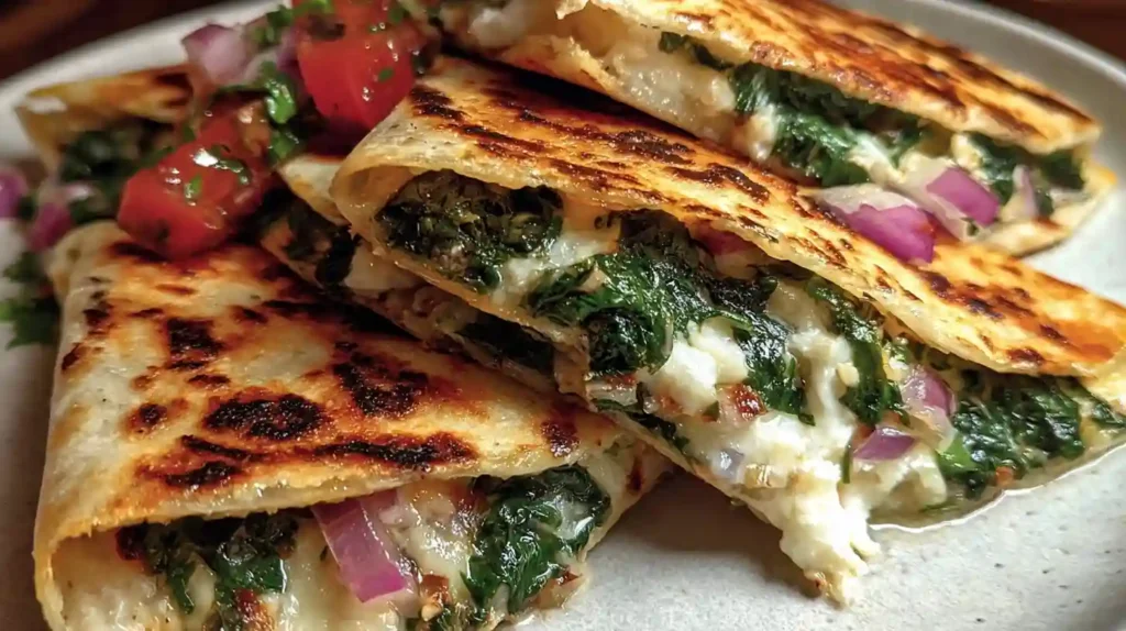 Mediterranean Quesadillas with Spinach, Feta, Mozzarella, and Red Onion