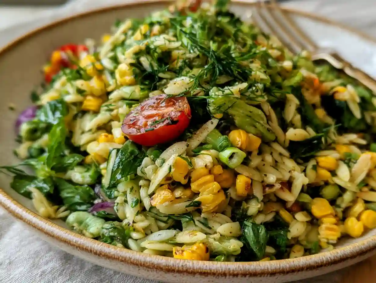 Grilled Corn Orzo Salad with Scallion Dill Dressing