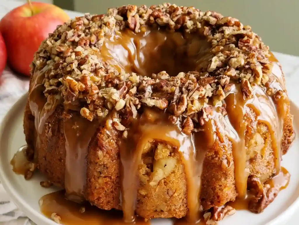 Apple Pecan Cake with Caramel Glaze