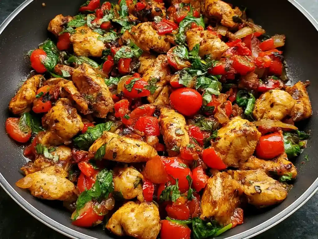 Mediterranean Chicken Stir Fry with Spinach and Cherry Tomatoes