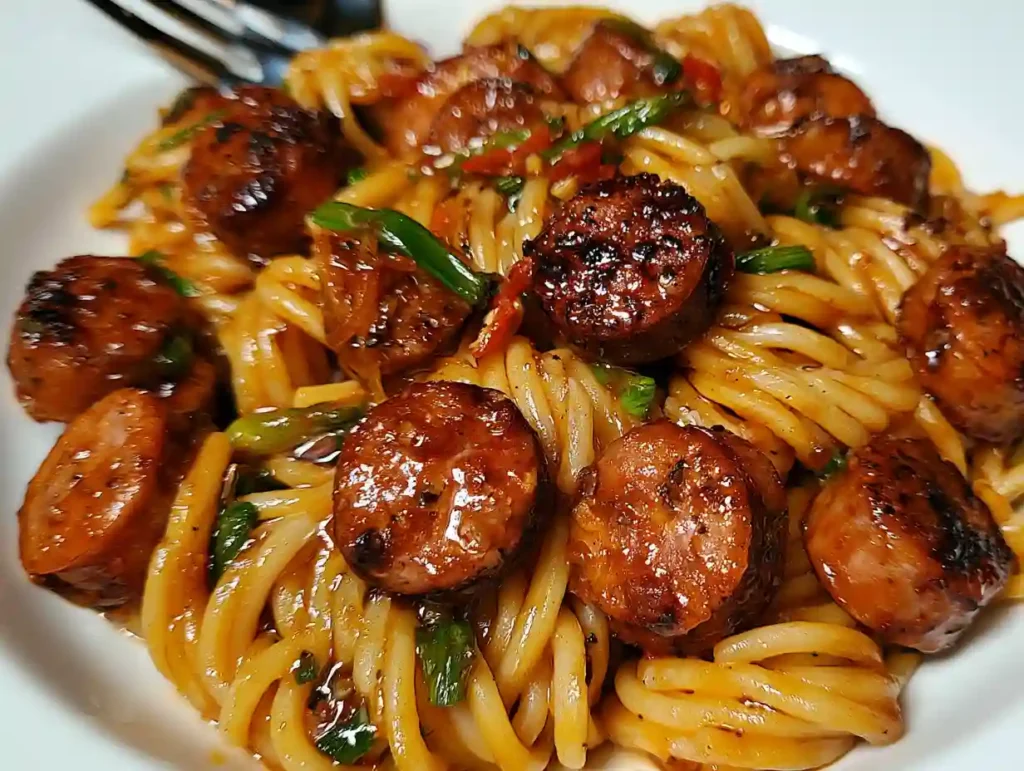 Sticky Honey Garlic Sausage Pasta Skillet