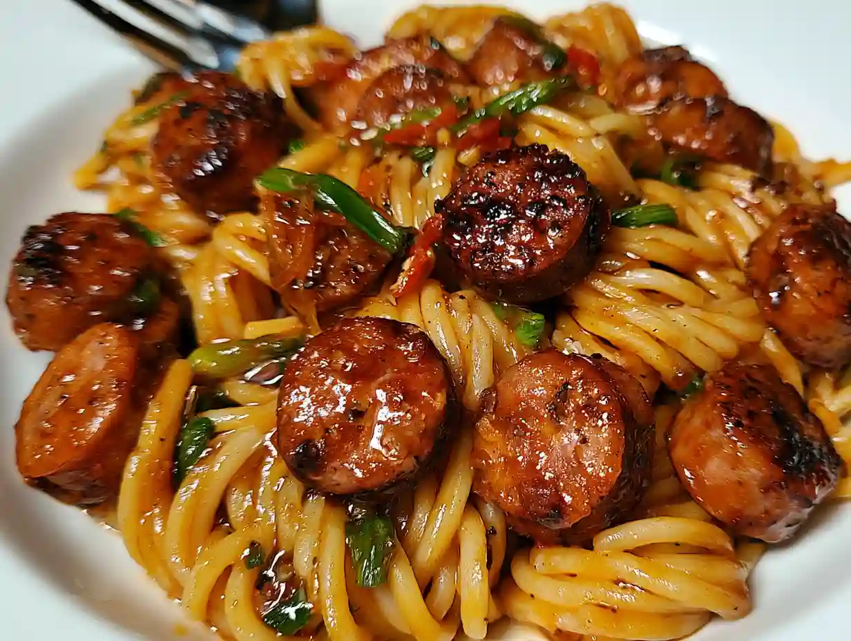 Sticky Honey Garlic Sausage Pasta Skillet
